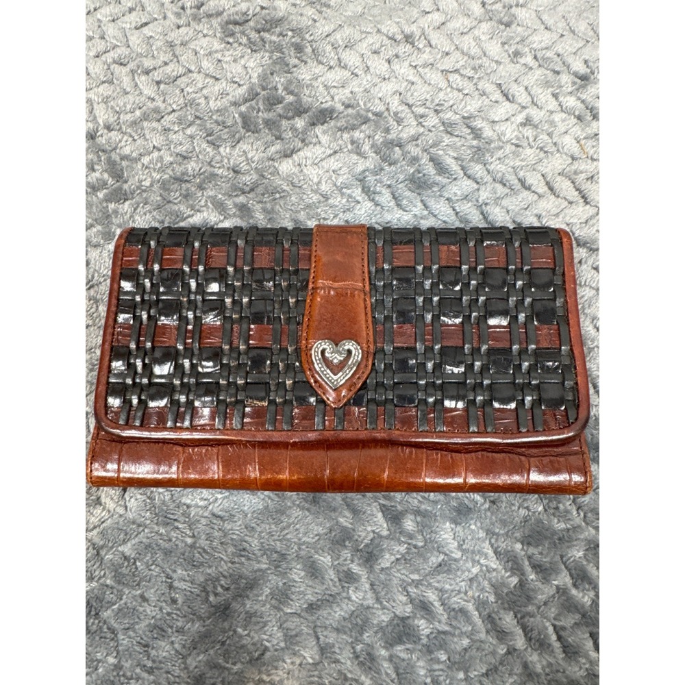 VTG Brighton Woven Croc Leather Trifold Wallet Brown Black Silver Heart Ornament